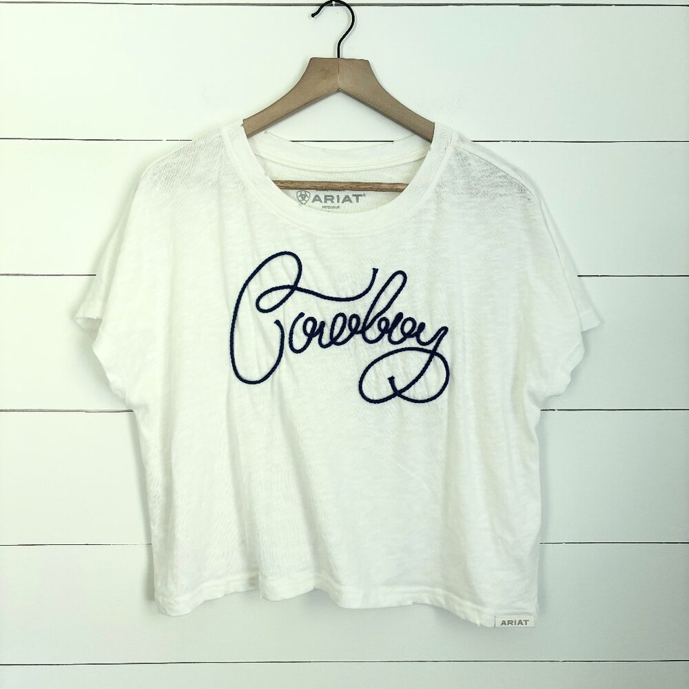 Ariat women's white tshirt with blue "Cowboy" across the front